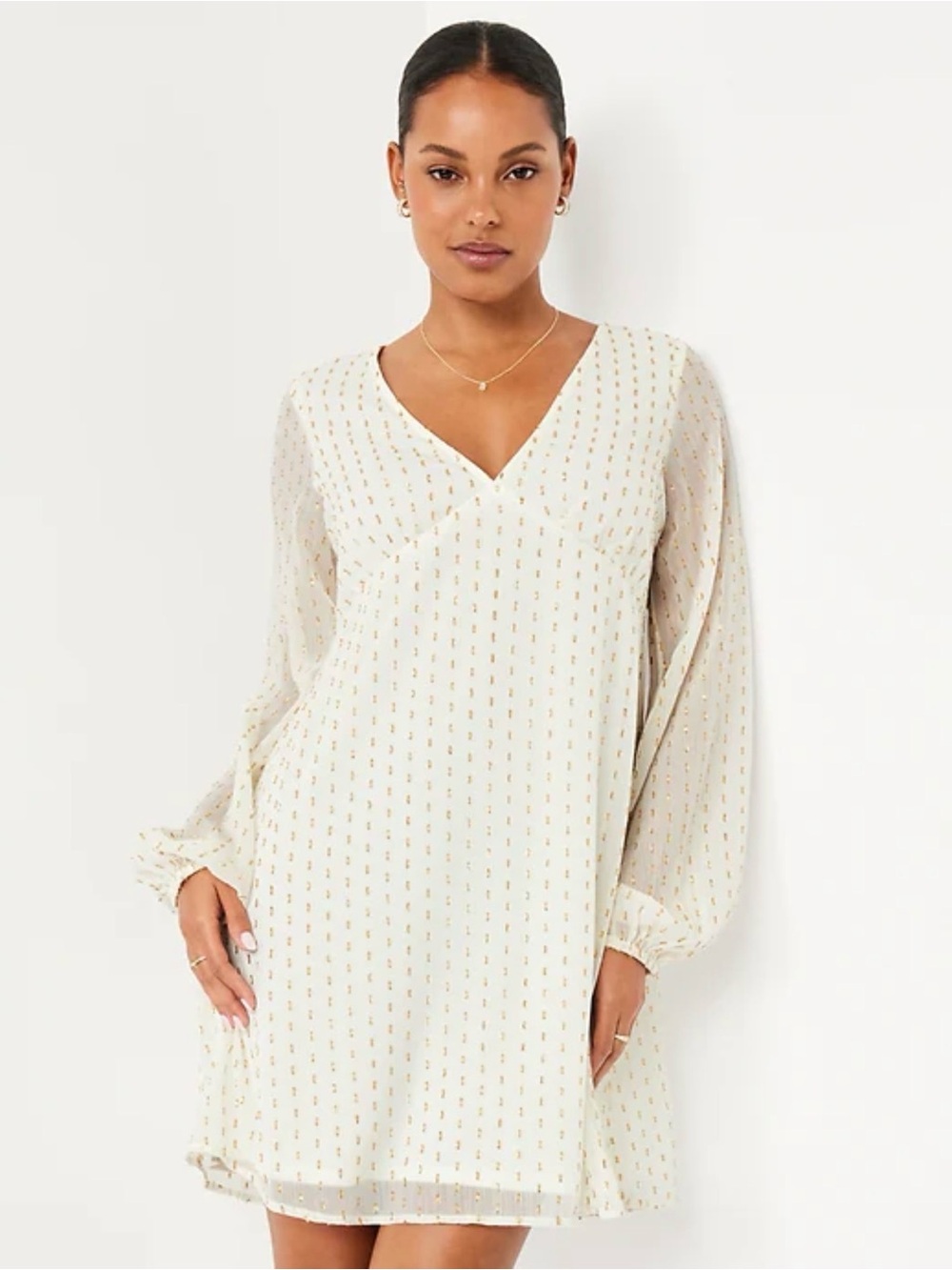 Old Navy Cream V-Neck Long Sleeve Dress with Gold Dot Detail